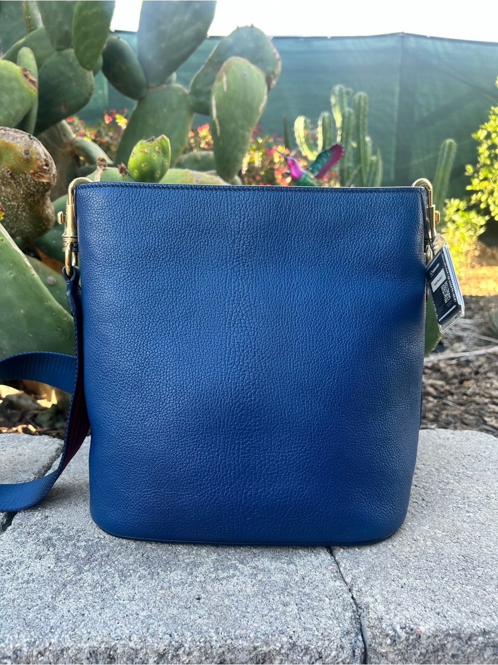 Miu Miu Cobalt Blue Pebbled Leather Crossbody Bucket Bag with Striped Web Strap - Picture 4 of 9